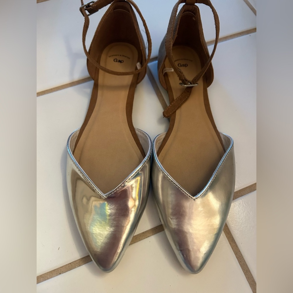 Gap d'Orsay Flats Metallic Silver Pointed Toe Brown Ankle Strap 9